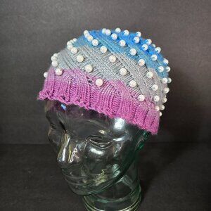 Handmade Knit Hat Faux Pearl Pink & Blue Swirl Design Warm Winter Cap Wool Blend